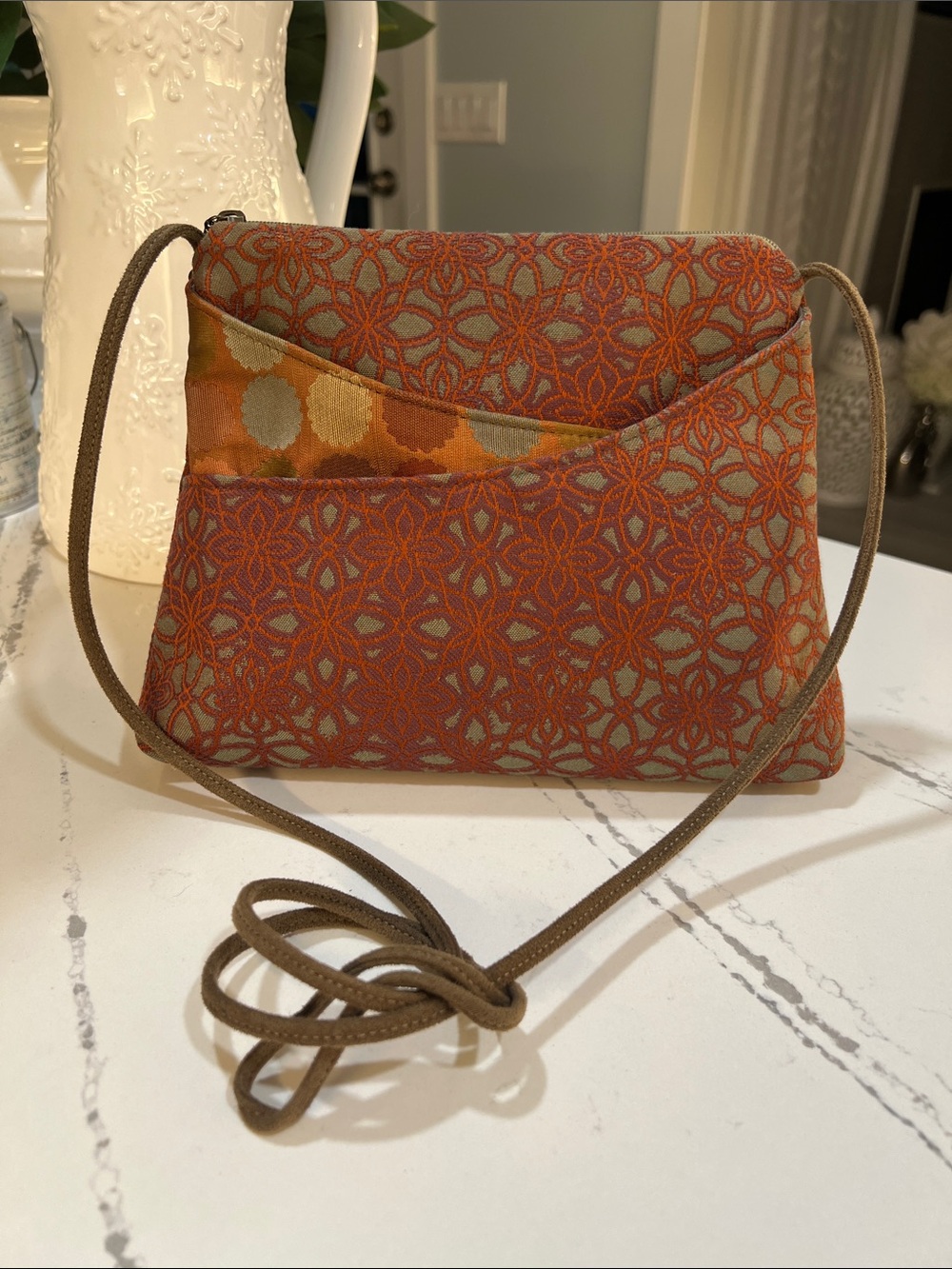 Maruca Handmade in Boulder, Co Patterned Orange Crossbody Bag with Front Pockets